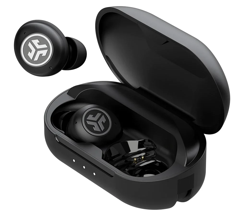 JLab earbuds - one in the charging case, one outside