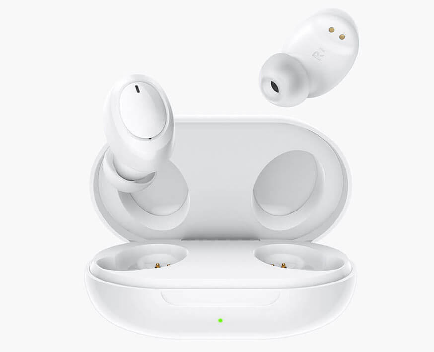 White Oppo Enco W11 earbud emerging from its case with a pop