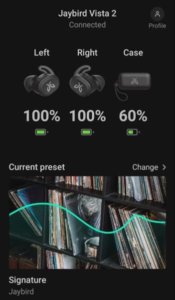 Jaybird-Vista-2-App showing battery level of earbuds and case