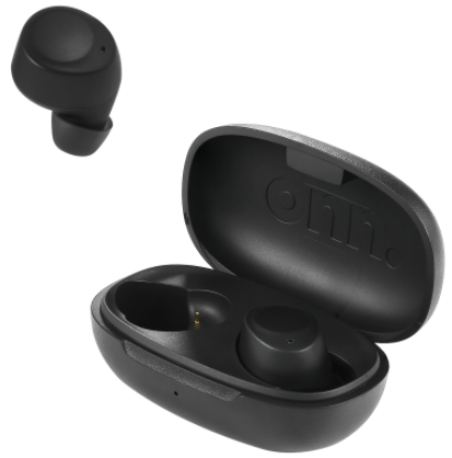Onn earbuds with one bud inside the case while other bud popping upward