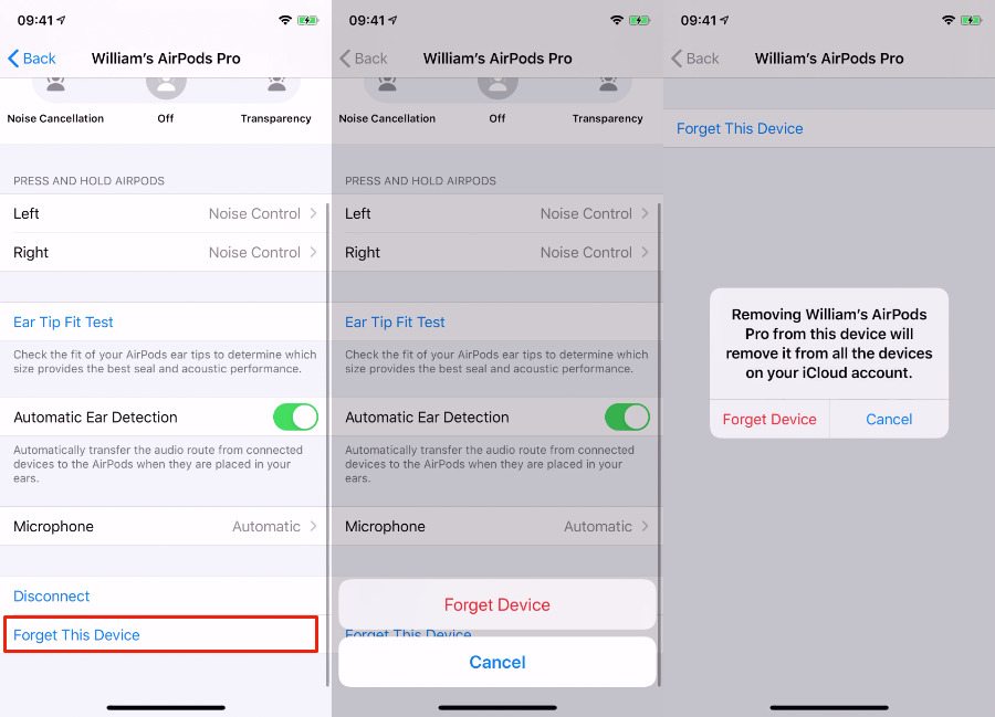 screenshoot on how to remove AirPods pro from your bluetooth conected devices 