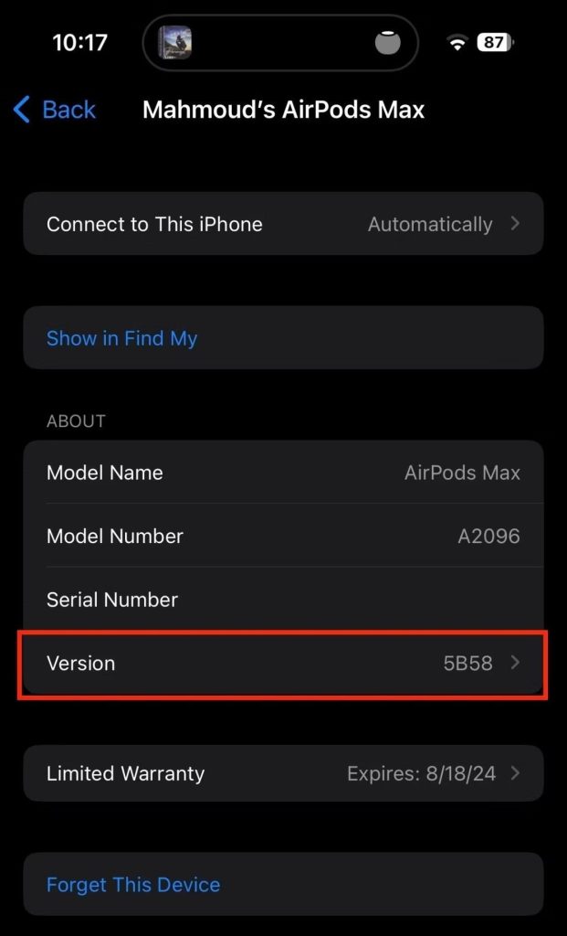 screenshot of the setting app in Apple device showing which version of software on the Airpods